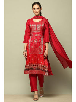 Rangriti - Red Viscose Blend Straight Yarn Dyed Kurta with Pant and Dupatta (Set of 3)
