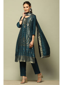 Rangriti - Blue Viscose Blend Straight Yarn Dyed Kurta with Trouser with Dupatta (Set of 3)