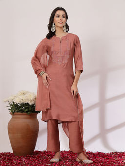 Nayam by lakshita - Solid Ethnic Embroidered Straight Kurta and Palazzo with Dupatta (Set of 3)