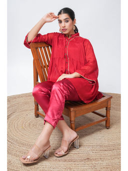 SALVIA SKY - Red Embellished Tiered Kurta with Pant (Set of 2)