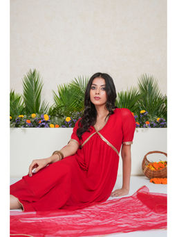 SALVIA SKY - Red Solid Anarkali Kurta with Palazzo and Dupatta (Set of 3)