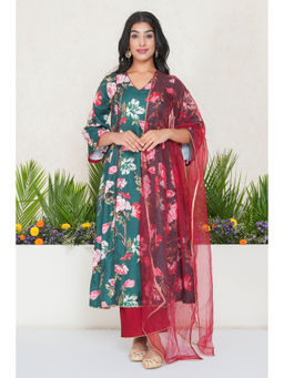 SALVIA SKY - Green Floral Printed Kali Kurta with Palazzo and Dupatta (Set of 3)
