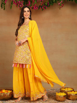 Vaamsi - Yellow Georgette Solid Embroidered Straight Kurta with Sharara and Dupatta (Set of 3)