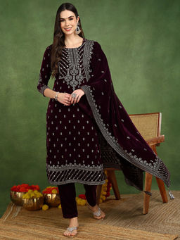 Vaamsi - Purple Velvet Floral Printed Straight Kurta with Trouser and Dupatta (Set of 3)