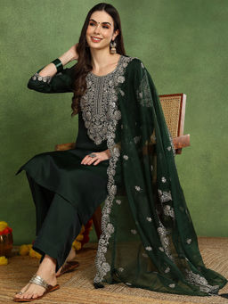 Vaamsi - Green Velvet Floral Printed Straight Kurta with Palazzos and Dupatta (Set of 3)