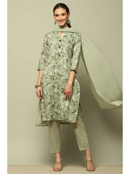 Rangriti - Sage Green Cotton Straight Printed Kurta with Pant and Dupatta (Set of 3)