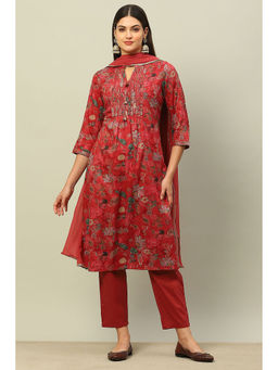 Rangriti - Pink Cotton Straight Printed Kurta with Pant and Dupatta (Set of 3)