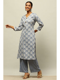 Rangriti - Grey Viscose Blend Straight Floral Kurta with Palazzo (Set of 2)