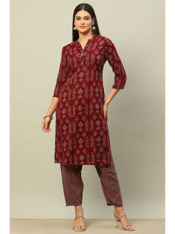Rangriti - Maroon Viscose Blend Straight Printed Kurta with Salwar (Set of 2)