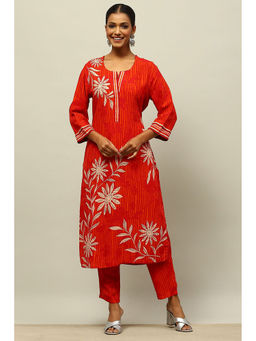 Rangriti - Red Rayon Floral Printed Straight Kurta with Trouser (Set of 2)
