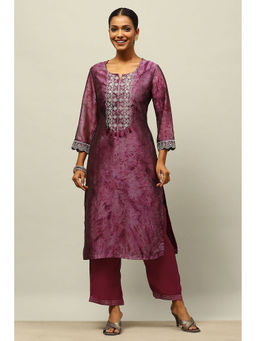 Rangriti - Purple Poly Georgette Straight Printed Kurta with Trouser (Set of 2)