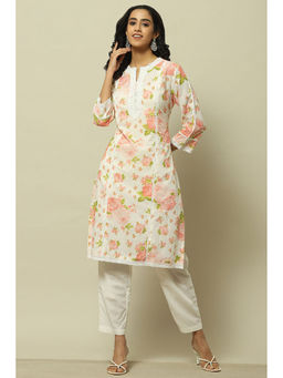 Rangriti - Off White Cotton Floral Printed Kurta with Pant (Set of 2)