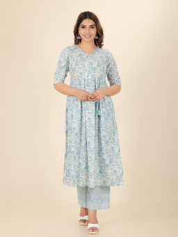 ARAMYA - Soft Cotton A-Line Gold Foil Print Kurta with Trouser (Set of 2)