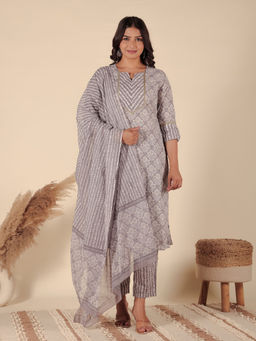 ARAMYA - Soft Cotton Straight Floral Print Kurta and Trouser with Dupatta (Set of 3)