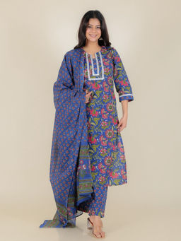 ARAMYA - Soft Cotton A-Line Floral Print Kurta with Trouser and Dupatta (Set of 3)