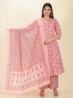 ARAMYA - Soft Cotton A-Line Floral Print Kurta and Palazzo with Dupatta (Set of 3)