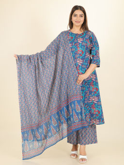 ARAMYA - Soft Cotton A-Line Floral Print Kurta with Palazzo and Dupatta (Set of 3)