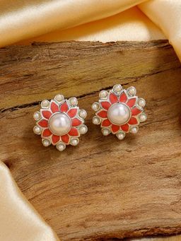 Estele - Rhodium Plated Flower Pearl Stud Earrings with Pink Enamel for Women