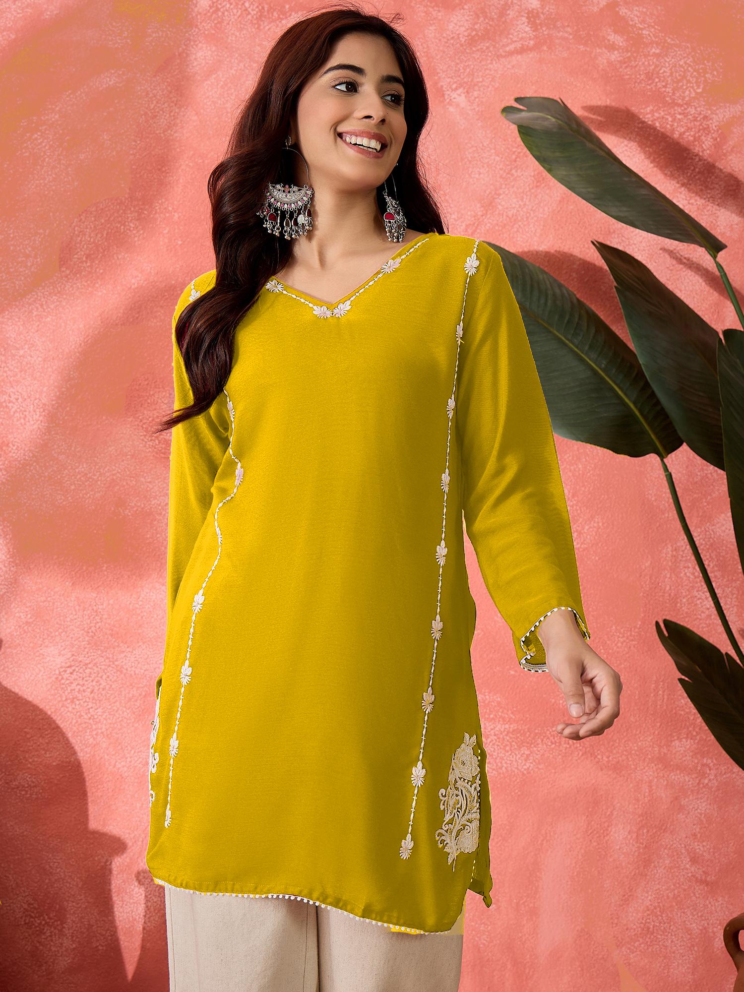 Embroidered Rayon Wrinkle Fabric Festive Kurti for Women