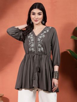 Gahan - Embroidered Rayon Wrinkle Fabric Festive Tunic with Belt