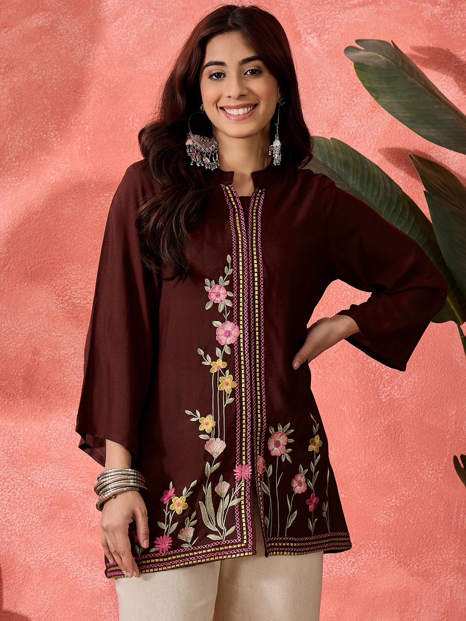 Embroidered Rayon Wrinkle Fabric Festive Tunic for Women