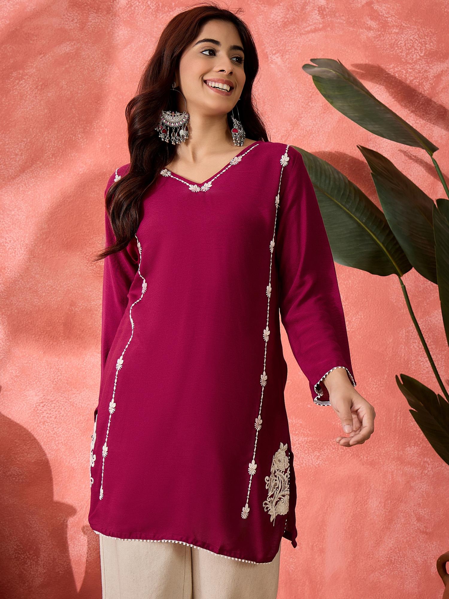 Embroidered Rayon Wrinkle Fabric Festive Kurti for Women