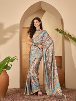 Gahan - Women Floral Printed Digital Printed Satin Silk Saree with Unstitched Blouse