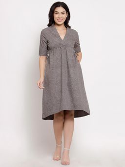 Ayrolane - Grey Printed Wide Neckline Notch Collar Dress