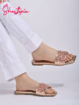 Shoetopia - Embellished Rhinestone Rose-Gold Flats for Women