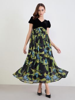 Styli - Women Floral V-Neck Puff Sleeves Sheath Dress - Multi-Color