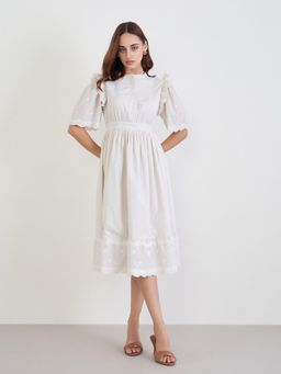 Styli - Women Mandarin Collar Embroidered Flutter Sleeves A-Line Dress - Off White