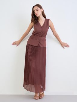 Styli - Women V-Neck Solid/Plain A-Line Dress - Brown
