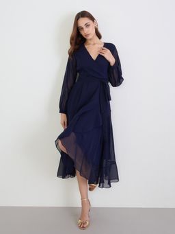Styli - Women V-Neck Solid/Plain Full Sleeves Wrap Dress - Blue
