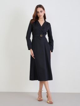 Styli - Women Shirt Collar Solid/Plain Blazer Dress - Black