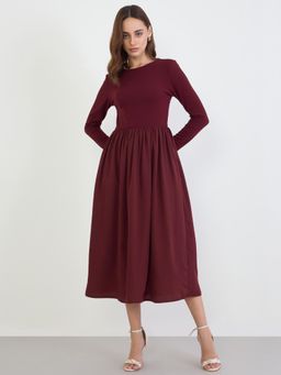 Styli - Women Solid/Plain Round Neck Full Sleeves Fit And Flare Dress - Burgundy