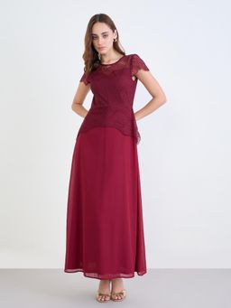 Styli - Women Round Neck Self Design A-Line Dress - Burgundy