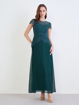 Styli - Women Round Neck Self Design A-Line Dress - Green