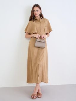 Styli - Women Shirt Collar Solid/Plain Flared Sleeves A-Line Dress - Brown