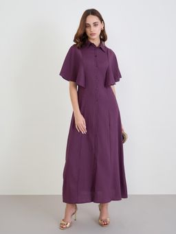 Styli - Women Shirt Collar Solid/Plain Flared Sleeves A-Line Dress - Purple