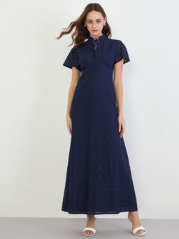 Styli - Women High Neck Sheath Dress - Navy Blue