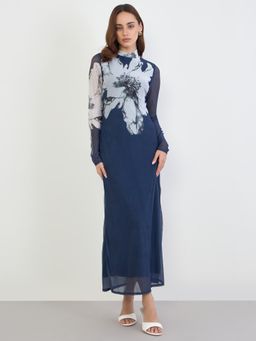 Styli - Women Floral High Neck Bodycon Dress - Navy Blue