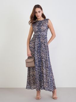 Styli - Women Boat Neck Animal Print Fit And Flare Dress - Blue