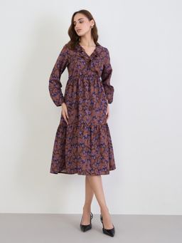 Styli - Women V-Neck Puff Sleeves A-Line Dress - Brown