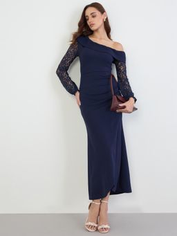 Styli - Women Plain One Shoulder Sheath Dress - Navy Blue