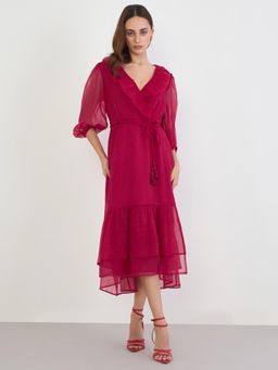 Styli - Women Three Fourth Sleeves Wrap Dress - Magenta