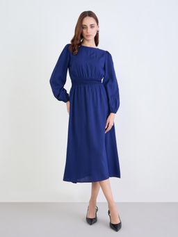 Styli - Women Round Neck Solid/Plain Puff Sleeves A-Line Dress - Navy Blue
