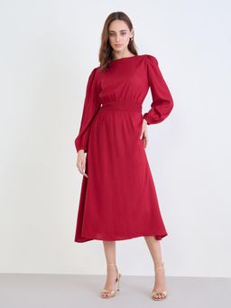 Styli - Women Round Neck Solid/Plain Puff Sleeves A-Line Dress - Red