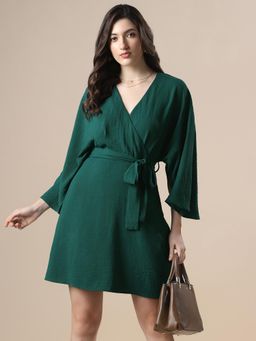 Globus - Women Green Wrap V-Neck Fit And Flare Dress With Belt