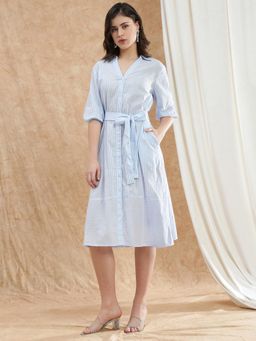 Globus - Women Blue Collared Neck Puff Sleeves Striped Workwear Shirt Dress With Belt