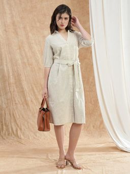 Globus - Women Brown Collared Neck Puff Sleeves Striped Workwear Shirt Dress With Belt